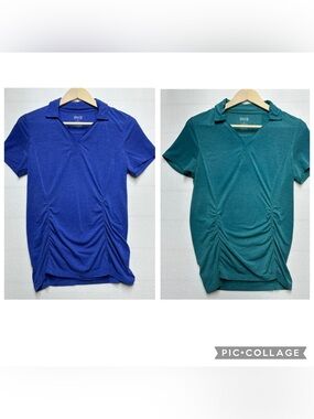 Duluth Women’s XS Ruched V-Neck Polo Tee Bundle - Royal Blue & Teal